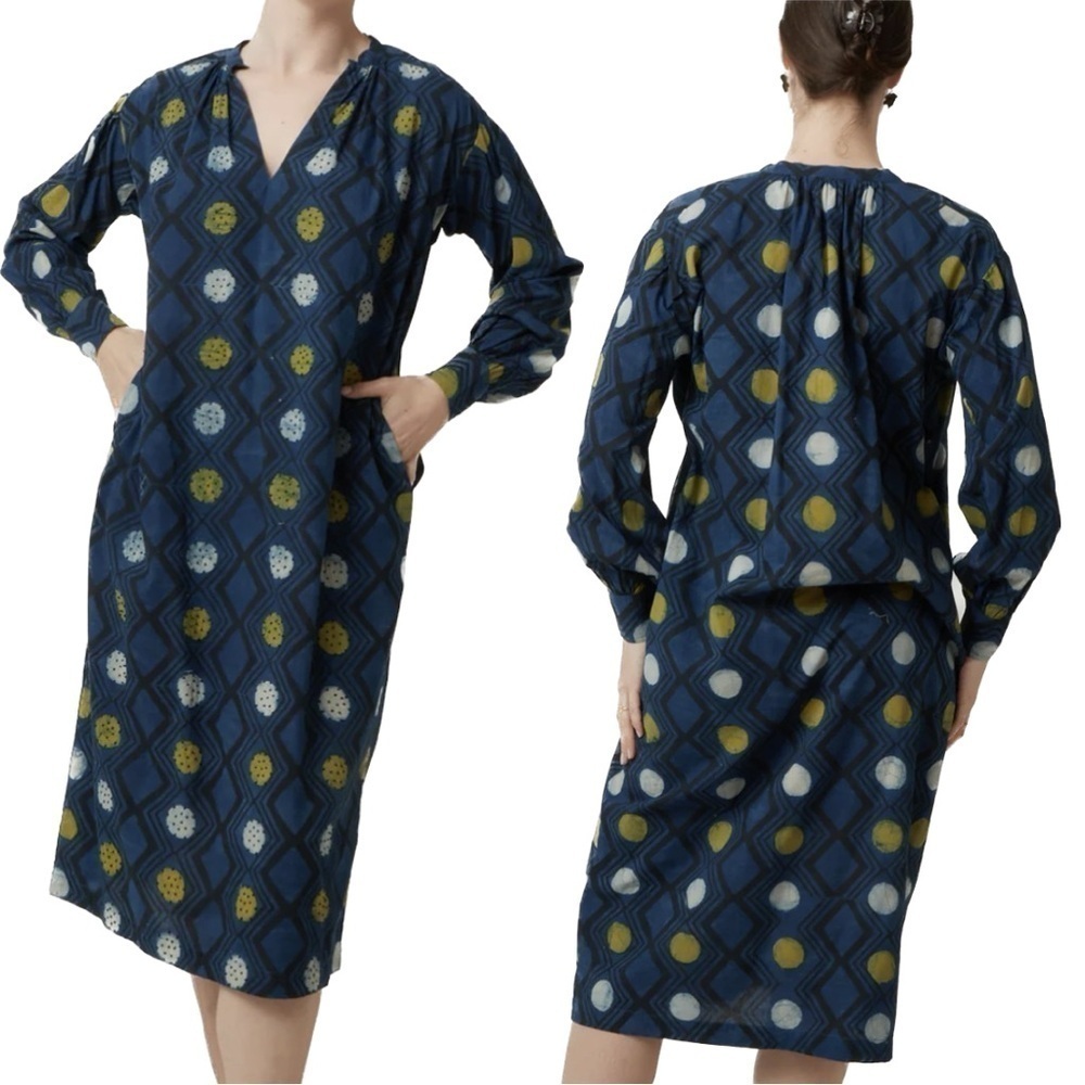 V De Vinster NWOT Karma Midi Dress Blue Beaded 100% Cotton Large Lagenlook